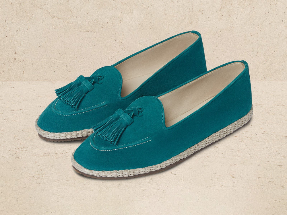 Calvi Tassel Espadrilles in Jade Teal Luxe Suede