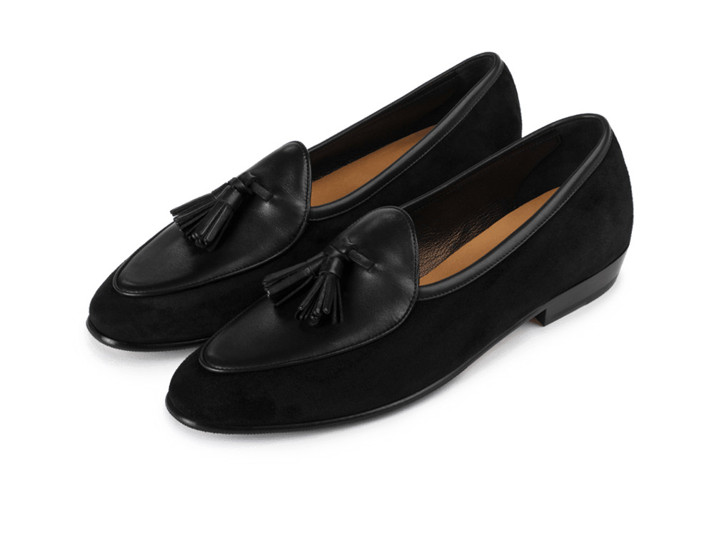 Sagan Classic Tassel Loafers in Obsidian Black Suede and Black Drape Calf with Rubber Grip