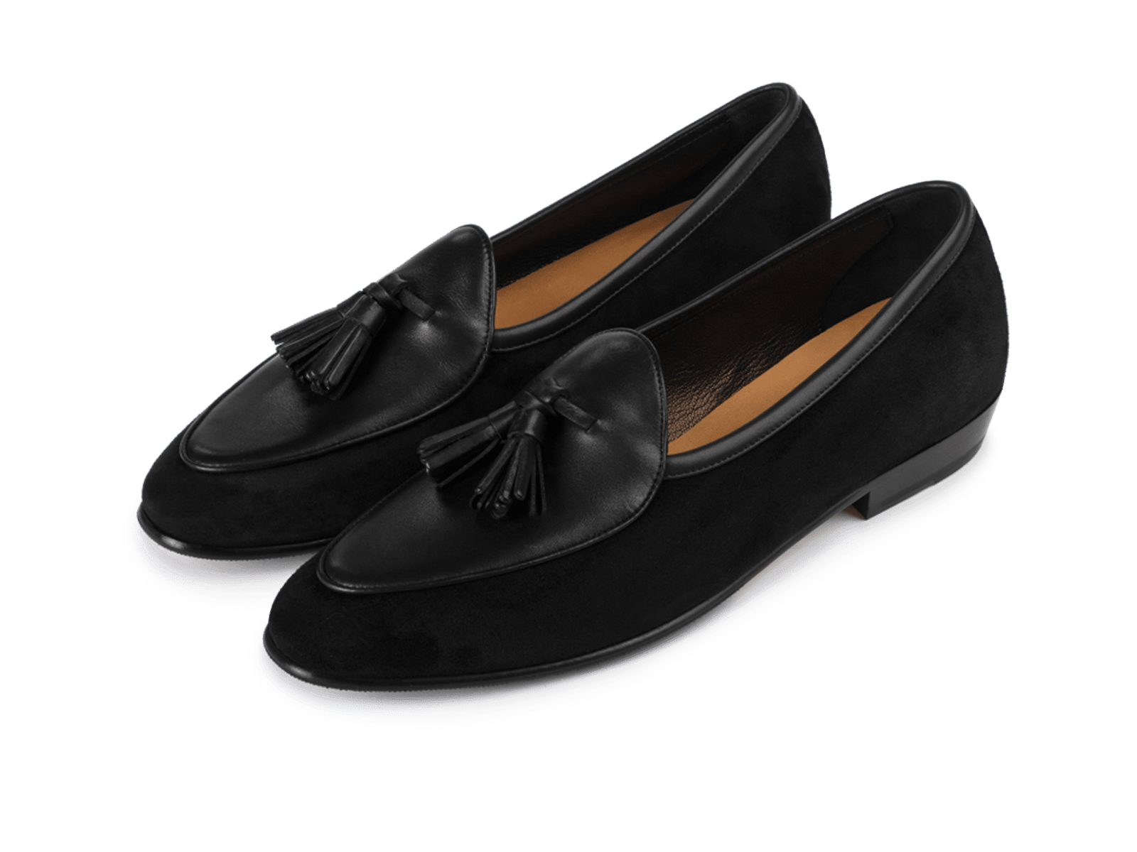 Sagan Classic Tassel Loafers in Obsidian Black Suede and Black Drape Calf with Rubber Grip