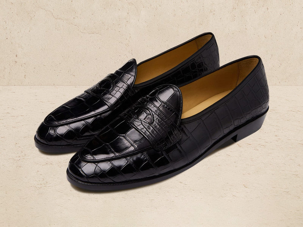Sagan Ginkgo Precious Leather Loafers in Obsidian Black Crocodile