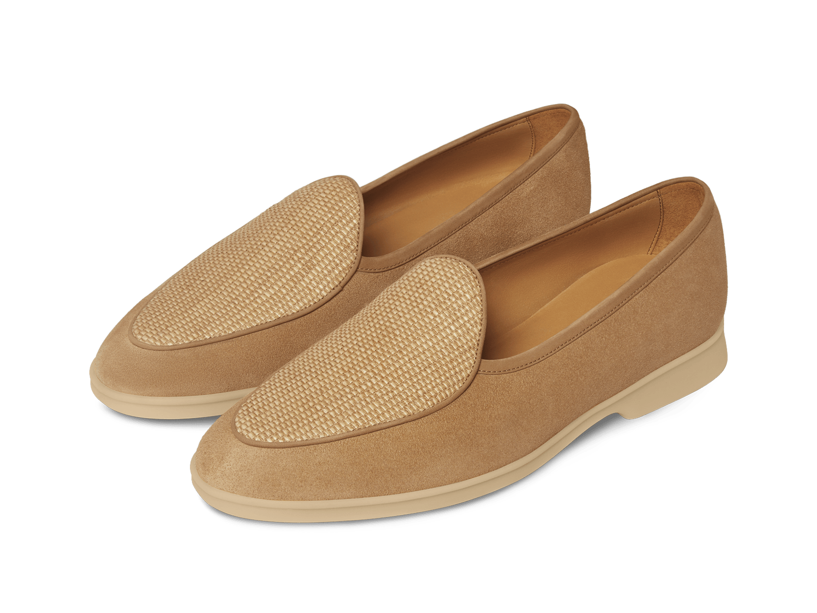 Stride Loafers in Caramel Glove Suede and Raffia with Natural Sole
