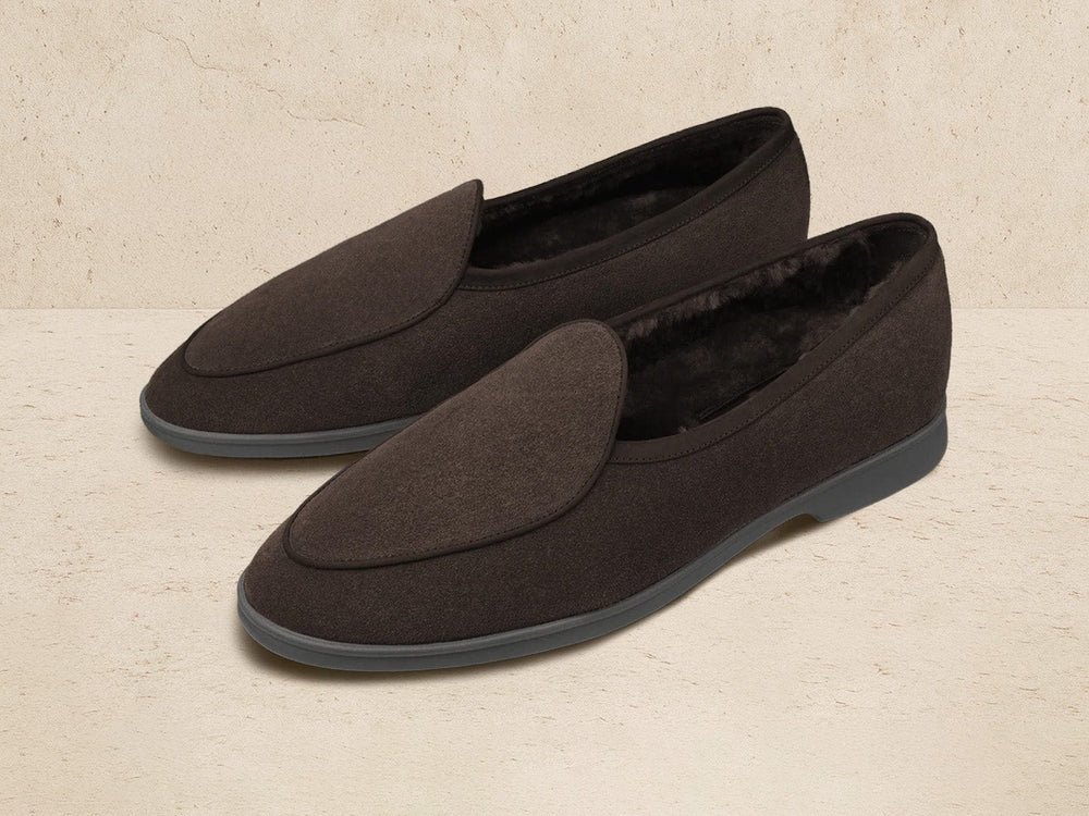 Stride Loafers in Dark Brown Glove Suede with Shearling Lining Dark Sole