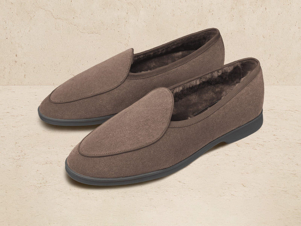 Stride Loafers in Deep Taupe Glove Suede with Shearling Lining Dark Sole