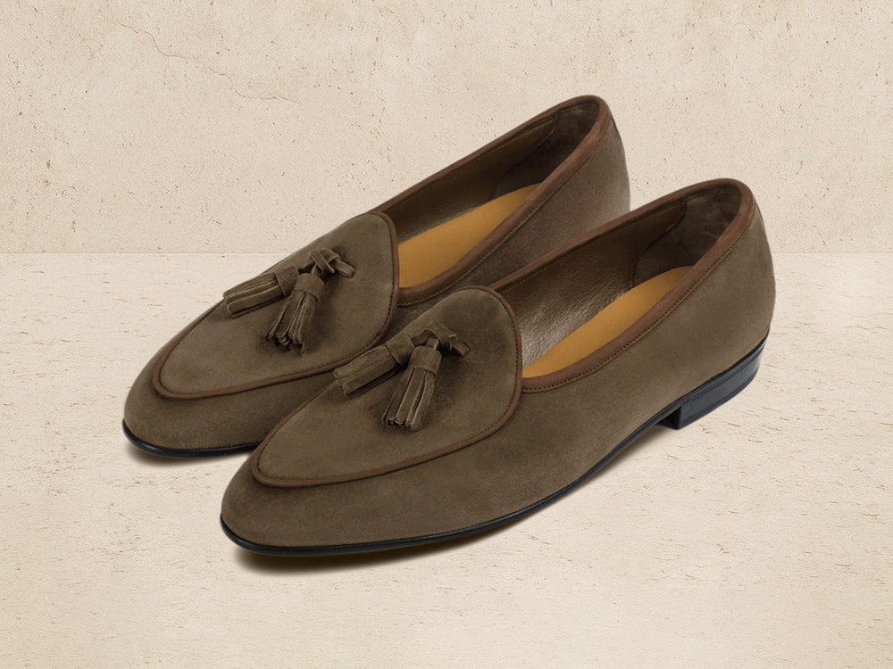 Sagan Rubber Tassel Loafers in Olivine Green Asteria Suede