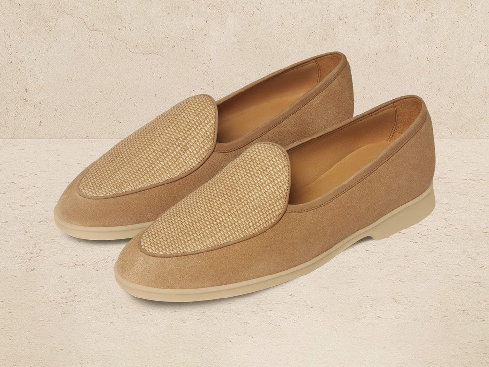 Stride Loafers in Caramel Glove Suede and Raffia with Natural Sole