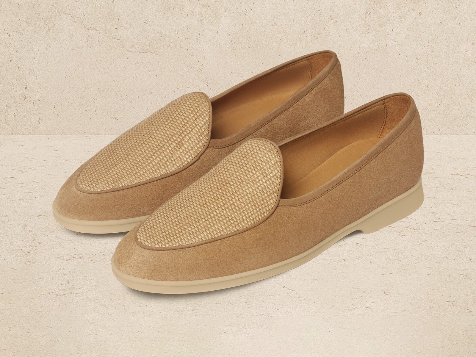 Stride Loafers in Caramel Glove Suede and Raffia with Natural Sole