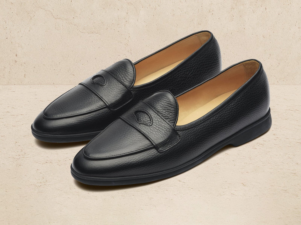 Stride Penny Loafers in Black Moorland Calf with Dark Sole