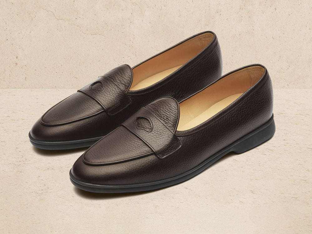Stride Penny Loafers in Dark Brown Moorland Calf with Dark Sole
