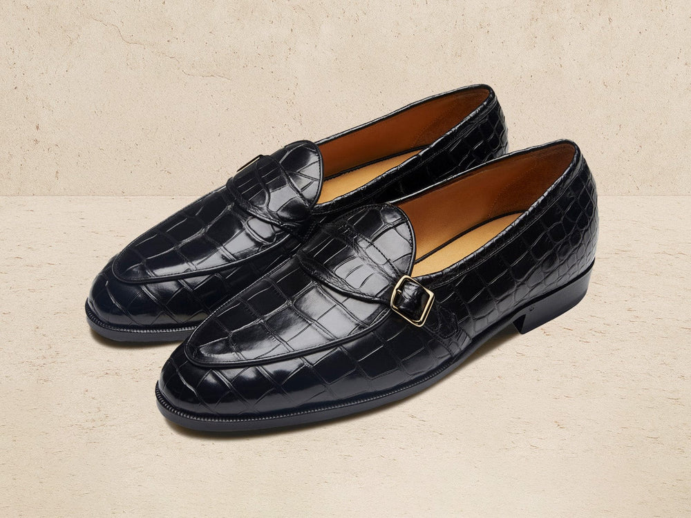 Sagan Buckle Precious Leather Loafers in Obsidian Black Crocodile