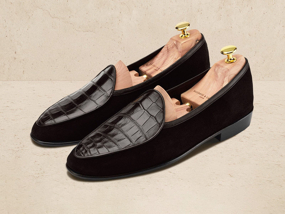 Sagan Classic Precious Leather Loafers in Dark Brown Suede and Crocodile