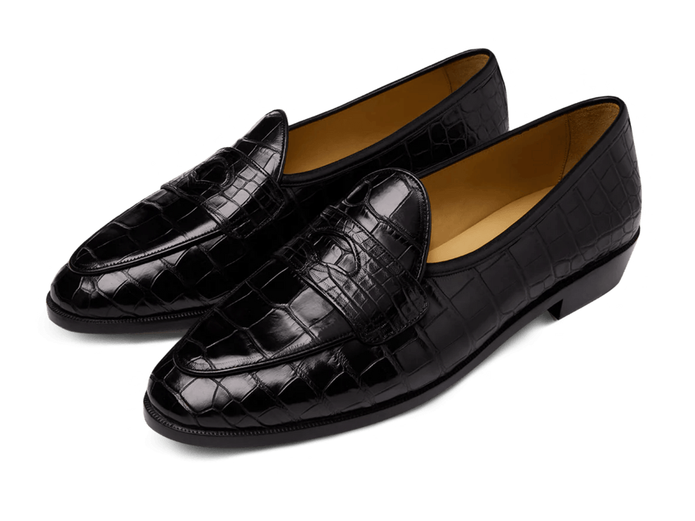 Sagan Ginkgo Precious Leather Loafers in Obsidian Black Crocodile