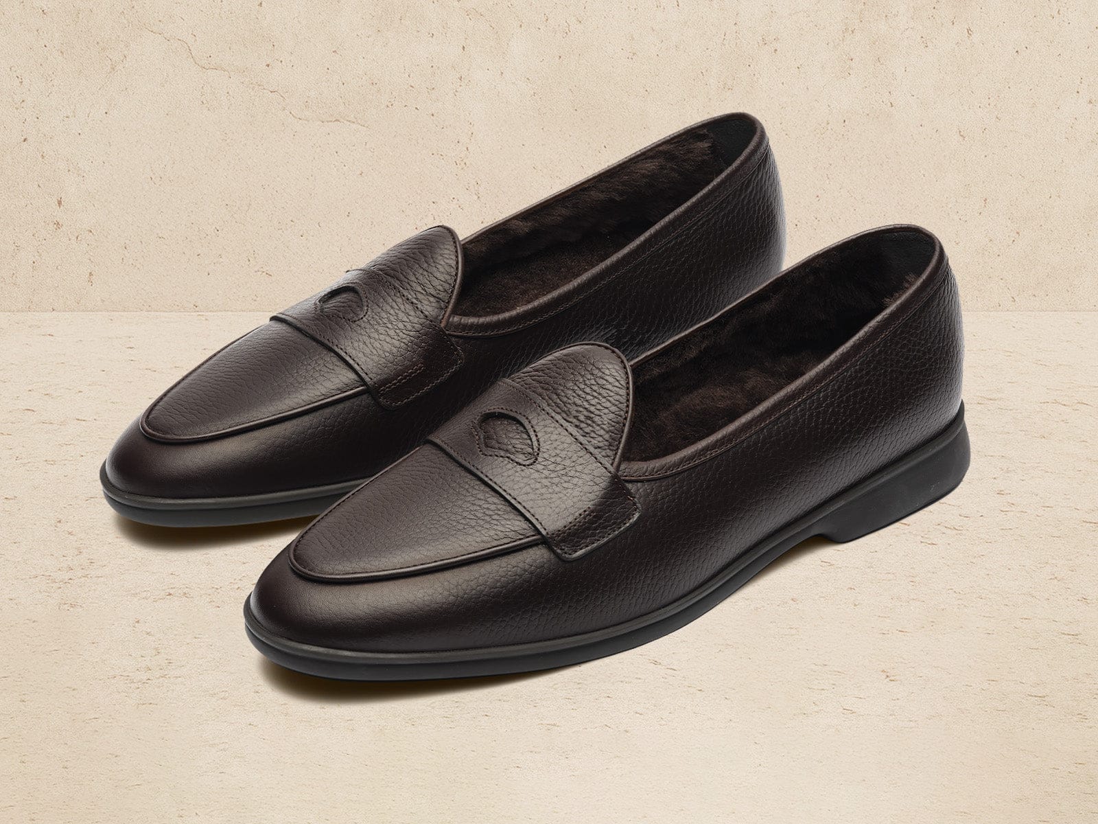 Stride Penny Loafers in Dark Brown Moorland Calf with Shearling Lining