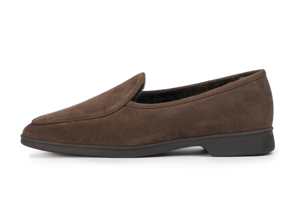 Stride Loafers in Deep Taupe Suede with Shearling Lining Dark Sole