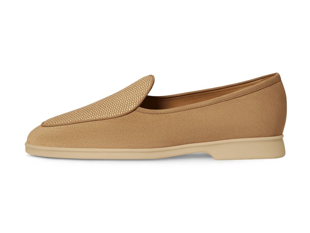 Stride Loafers in Caramel Glove Suede and Raffia with Natural Sole