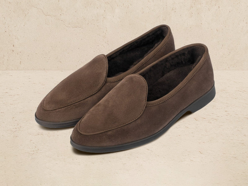 Stride Loafers in Deep Taupe Suede with Shearling Lining Dark Sole