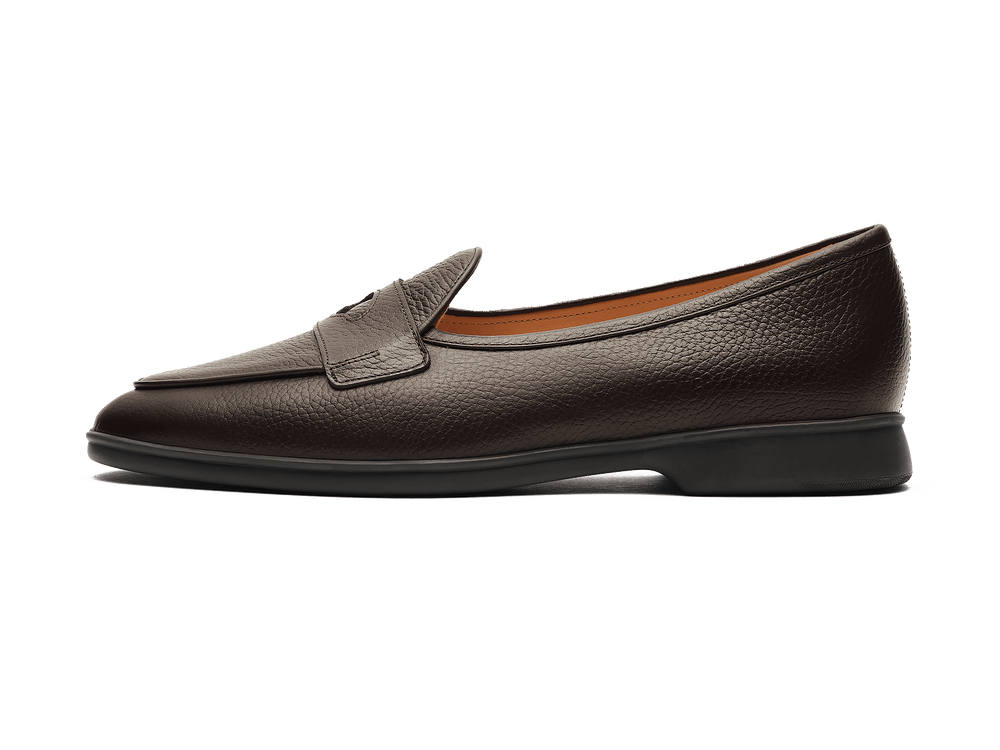 Stride Penny Loafers in Dark Brown Moorland Calf with Dark Sole