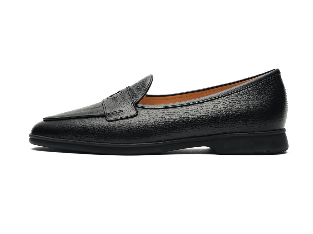 Stride Penny Loafers in Black Moorland Calf with Dark Sole