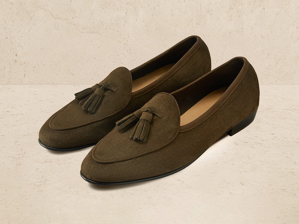 Sagan Classic Tassel Loafers in Olivine Green Asteria Suede
