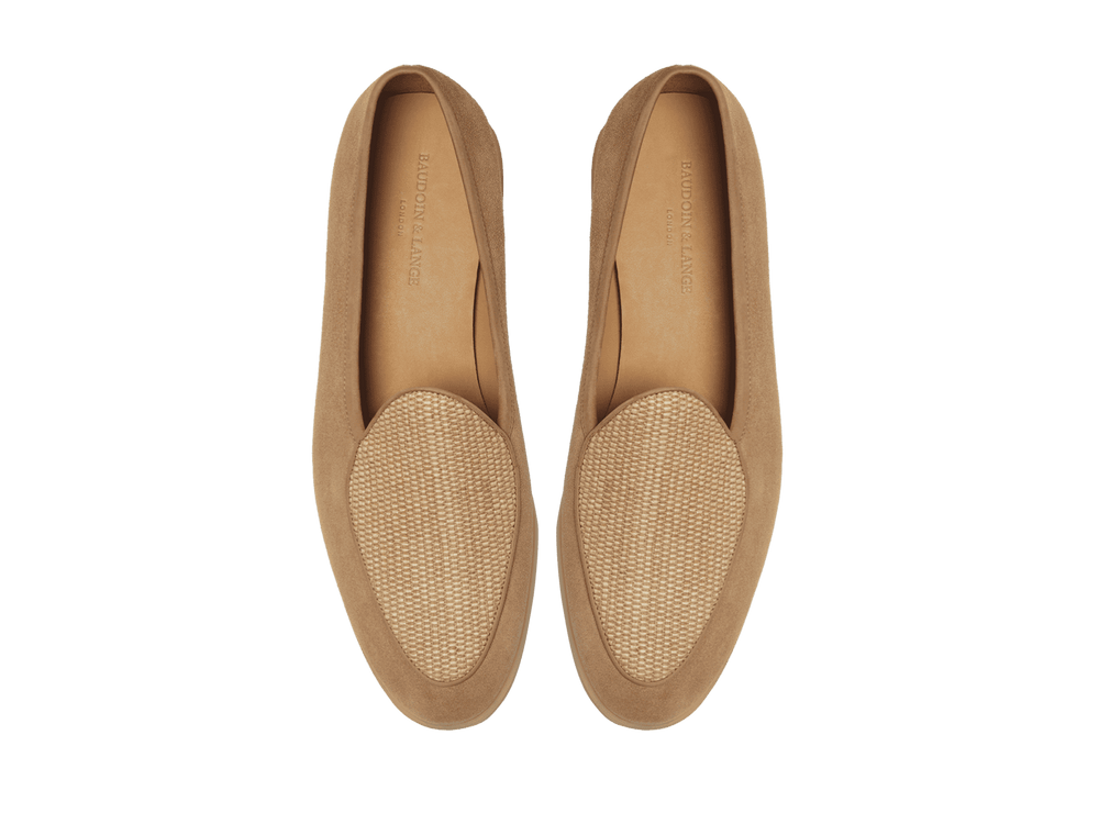 Stride Loafers in Caramel Glove Suede and Raffia with Natural Sole