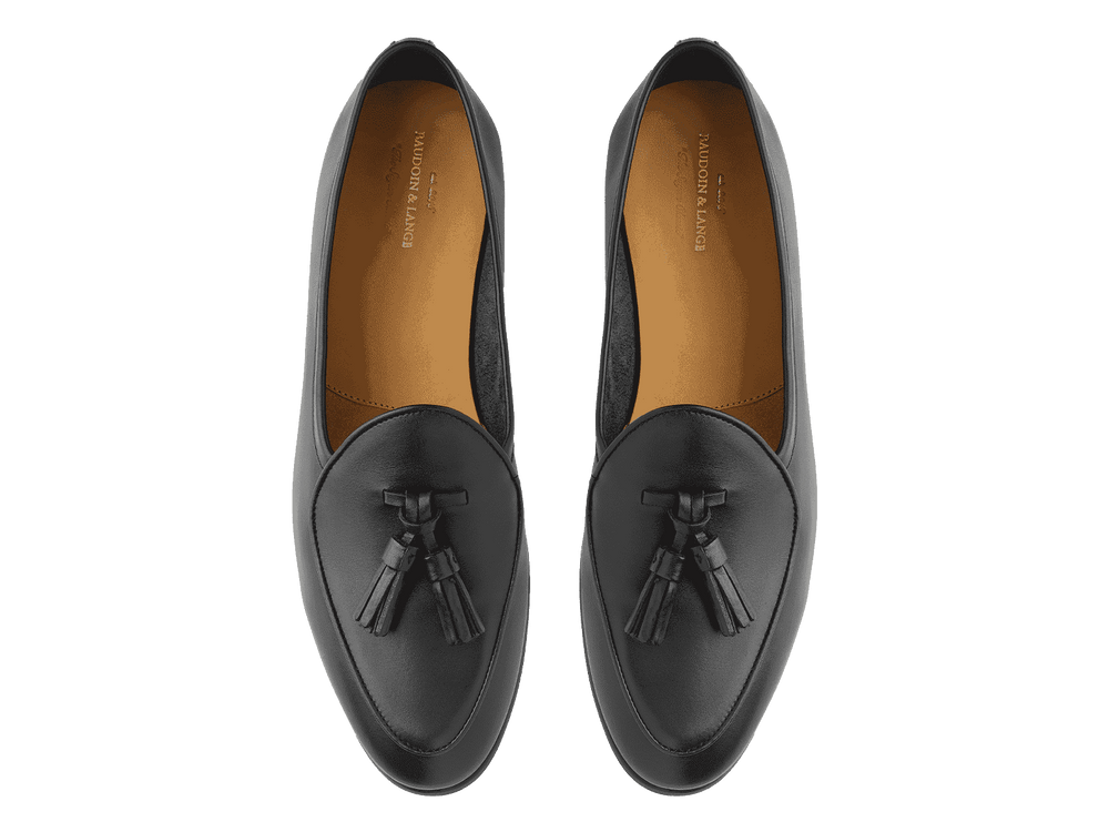 Sagan Rubber Tassel Loafers in Black Drape Calf
