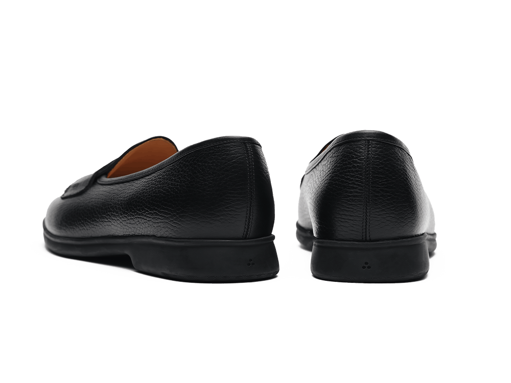 Stride Penny Loafers in Black Moorland Calf with Dark Sole
