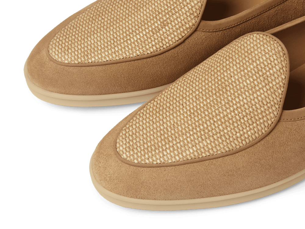 Stride Loafers in Caramel Glove Suede and Raffia with Natural Sole