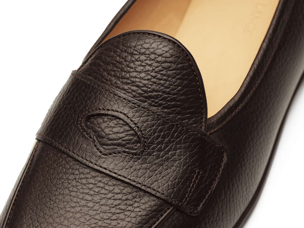 Stride Penny Loafers in Dark Brown Moorland Calf with Dark Sole