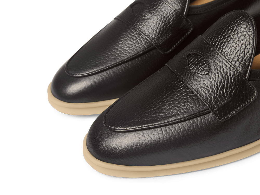 Stride Penny Loafers in Black Moorland Calf with Natural Sole