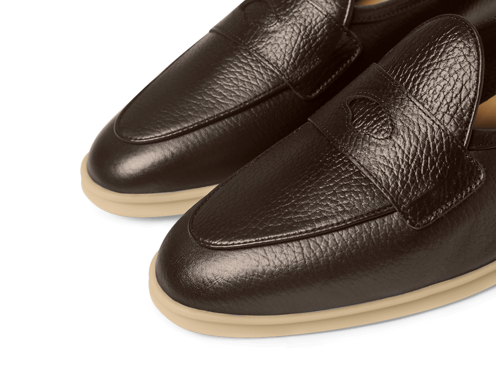 Stride Penny Loafers in Dark Brown Moorland Calf with Natural Sole