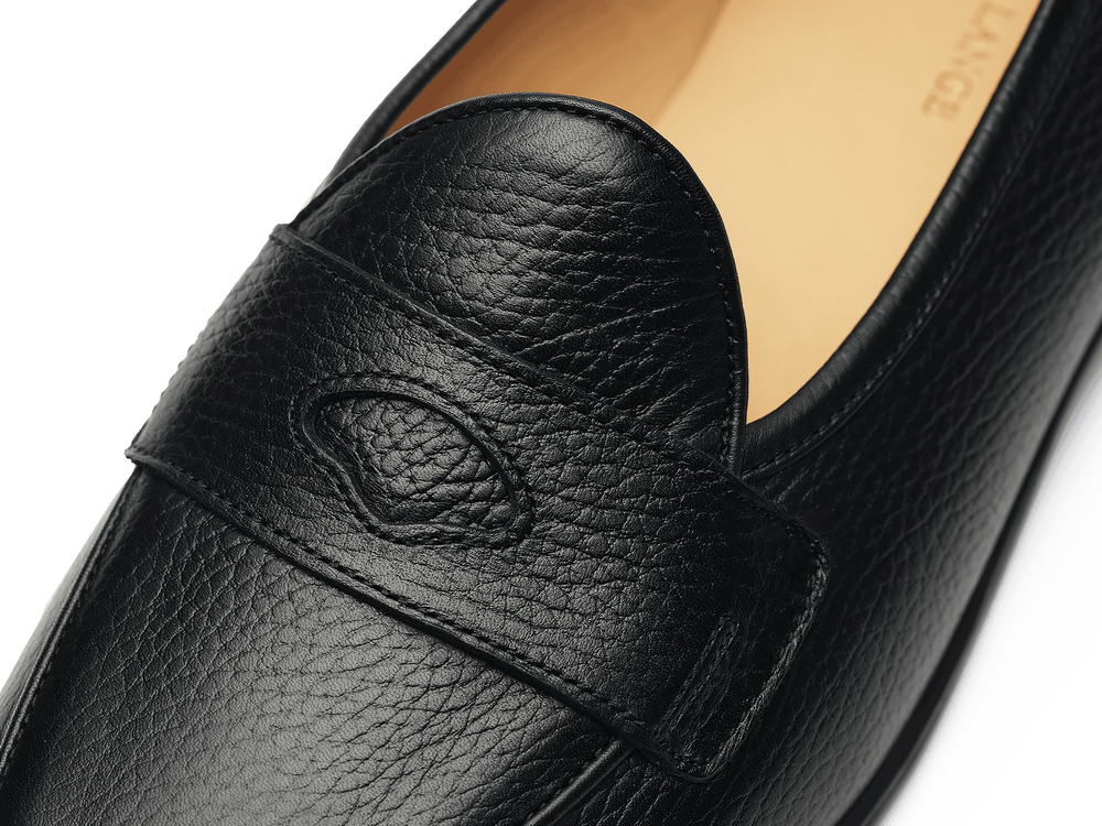 Stride Penny Loafers in Black Moorland Calf with Dark Sole