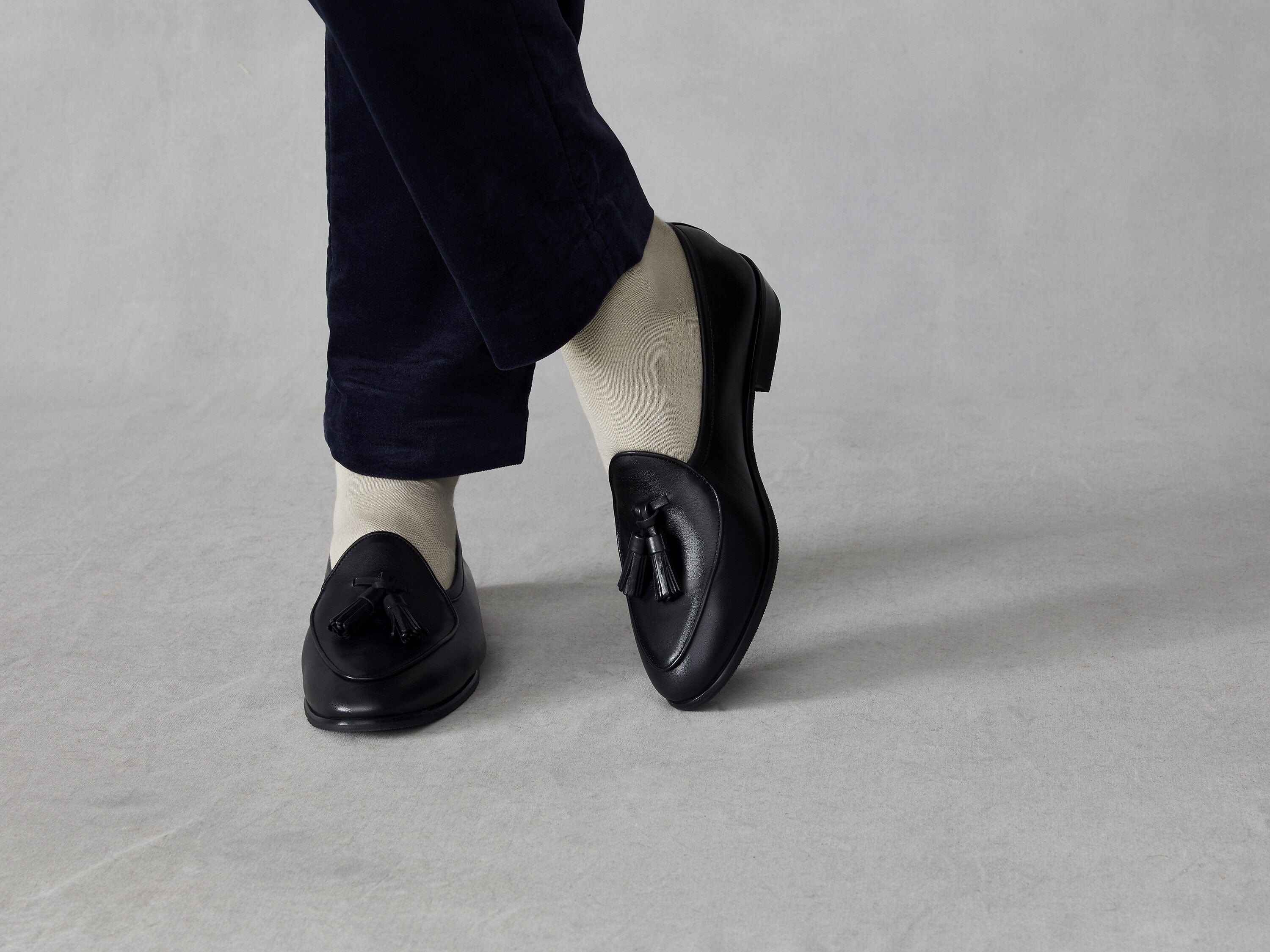 Sagan Rubber Tassel Loafers in Black Drape Calf