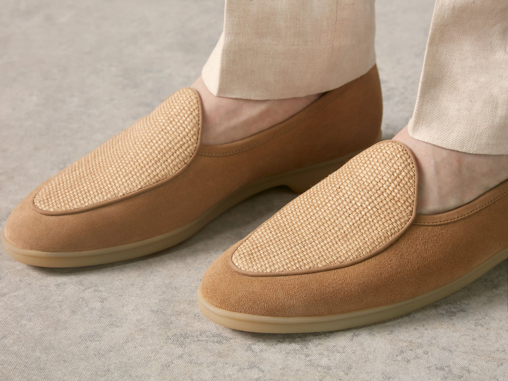 Stride Loafers in Caramel Glove Suede and Raffia with Natural Sole