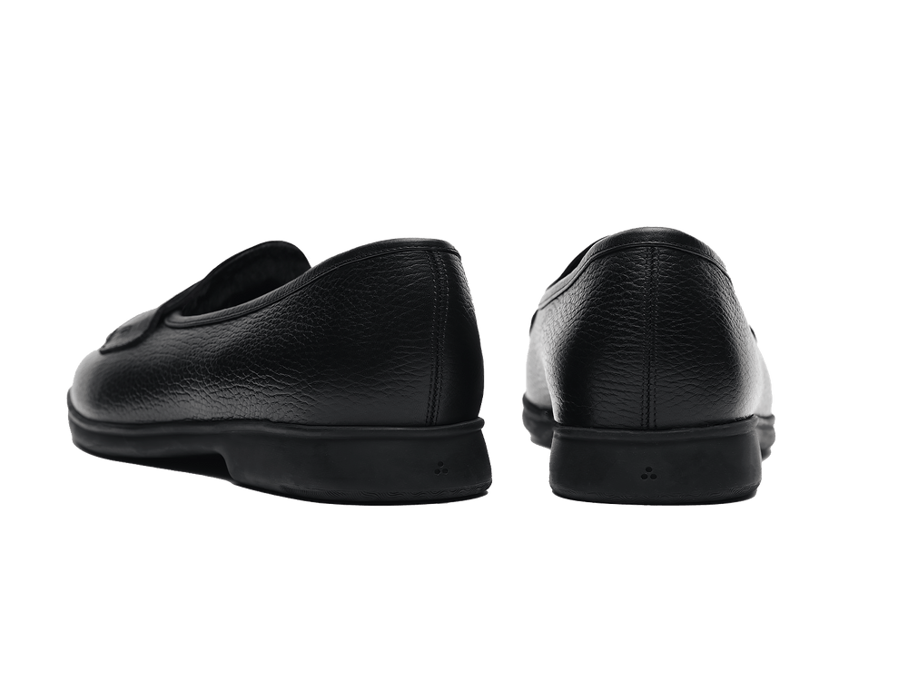 Stride Penny Loafers in Black Moorland Calf with Shearling Lining