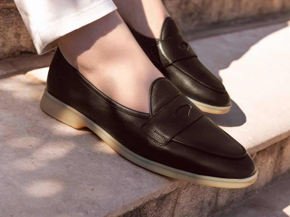 Stride Penny Loafers in Dark Brown Moorland Calf with Natural Sole