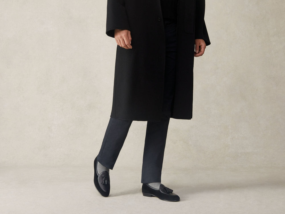 Sagan Classic Tassel Loafers in Obsidian Black Suede and Black Drape Calf with Rubber Grip