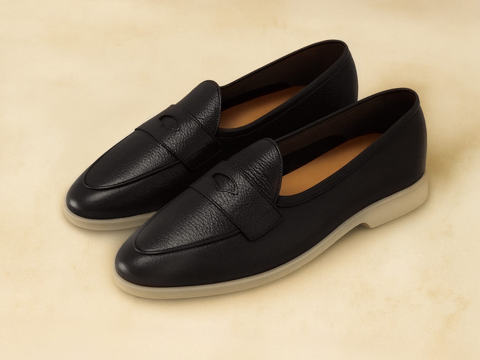 Stride Penny Loafers in Black Moorland Calf with Natural Sole