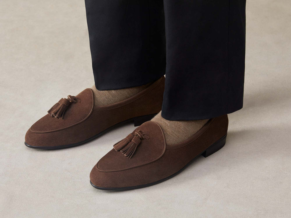 Sagan Rubber Tassel Loafers in Deep Taupe Asteria Suede