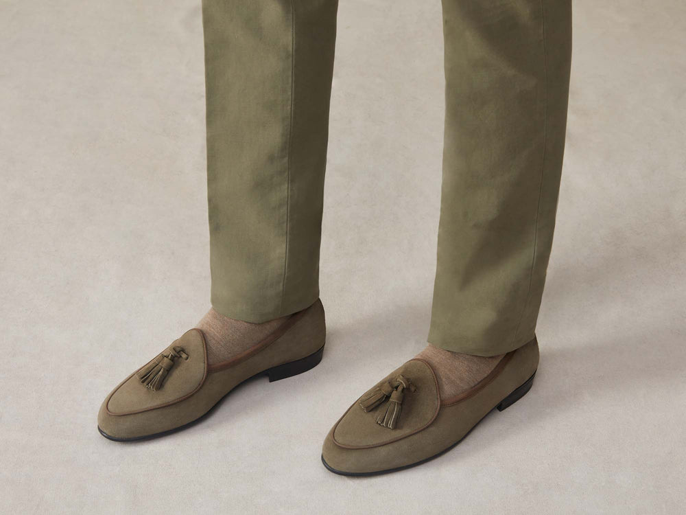 Sagan Rubber Tassel Loafers in Olivine Green Asteria Suede