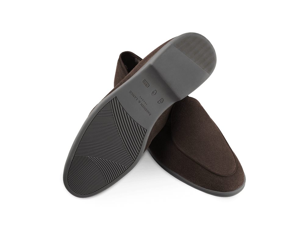 Stride Loafers in Dark Brown Glove Suede with Shearling Lining Dark Sole