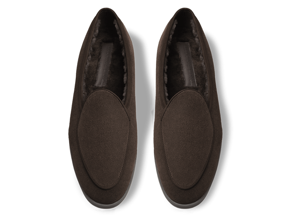 Stride Loafers in Dark Brown Glove Suede with Shearling Lining Dark Sole