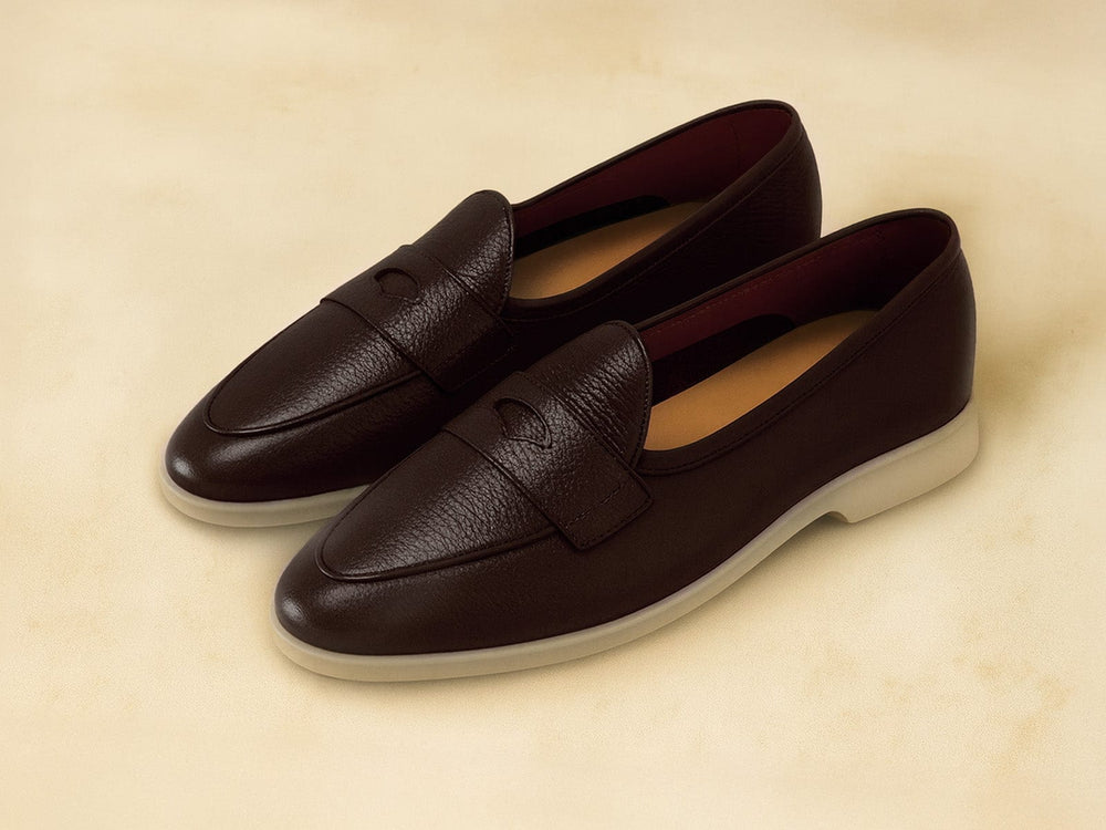 Stride Penny Loafers in Dark Brown Moorland Calf with Natural Sole