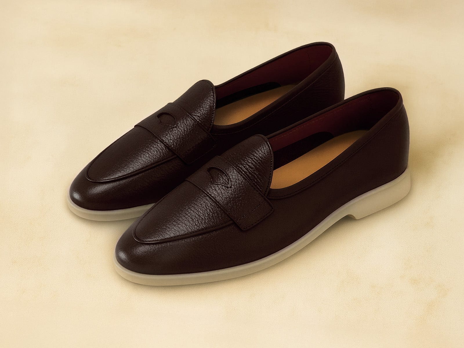 Stride Penny Loafers in Dark Brown Moorland Calf with Natural Sole