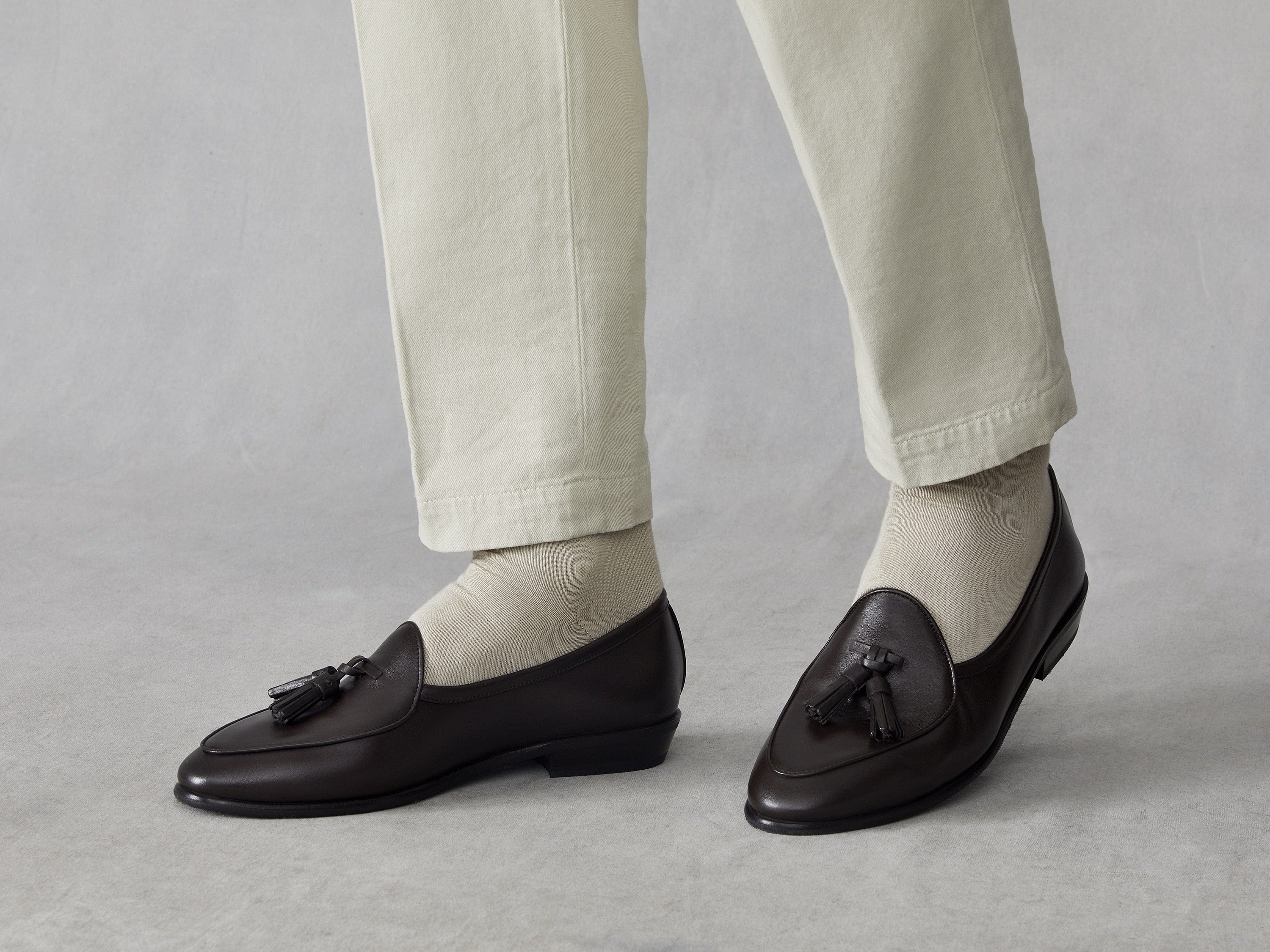 Old Sagan Rubber Tassel Loafers in Dark Brown Drape Calf