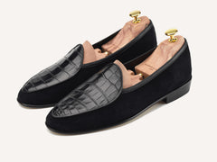 Sagan Classic Precious Leather Loafers in Black Suede and Crocodile