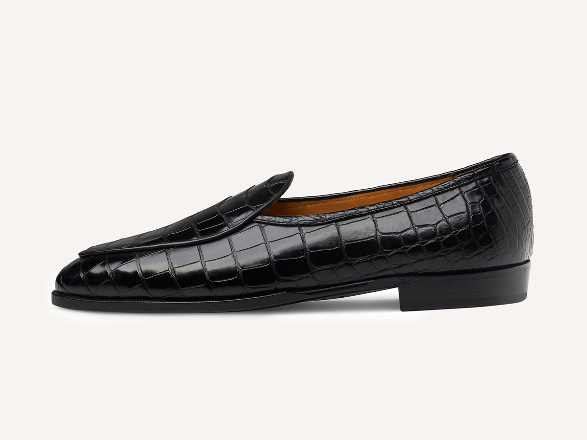 Sagan Classic Precious Leather Loafers in Obsidian Black Crocodile