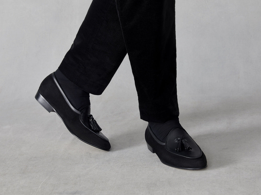 Sagan Classic Tassel Loafers in Black Suede and Black Drape Calf