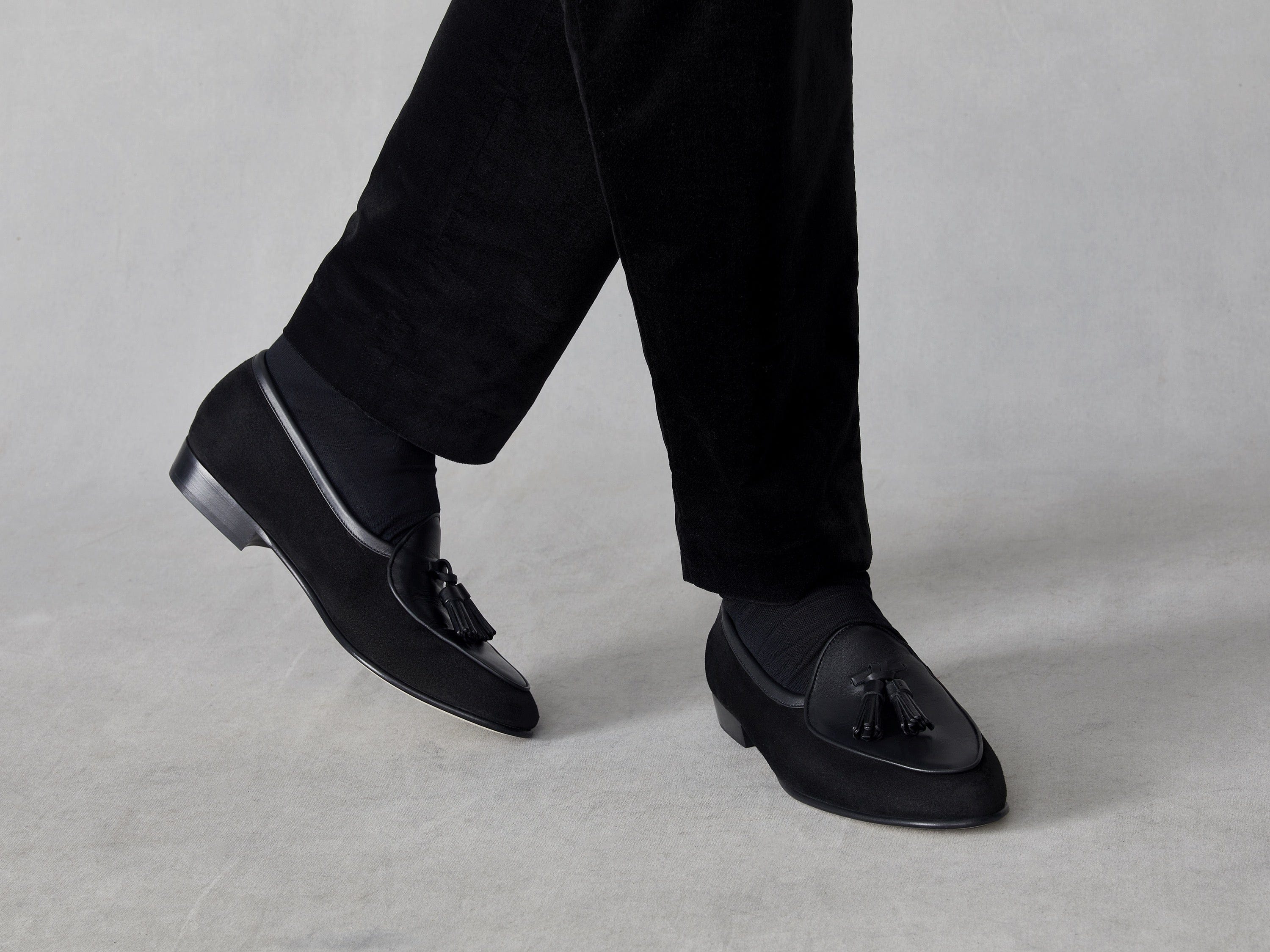 Sagan Classic Tassel Loafers in Black Suede and Black Drape Calf