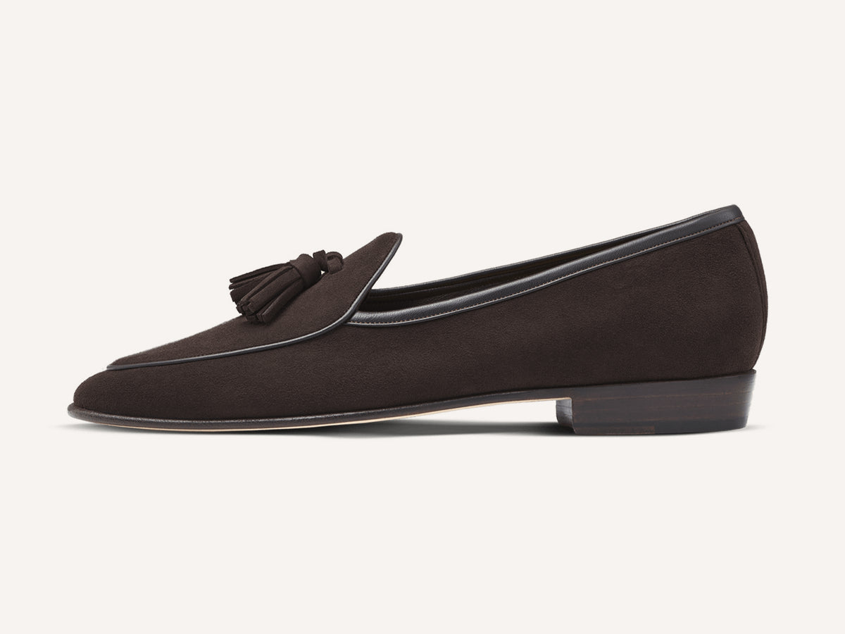 Sagan Classic Tassel Loafers in Lusitanias Dark Brown Asteria Suede