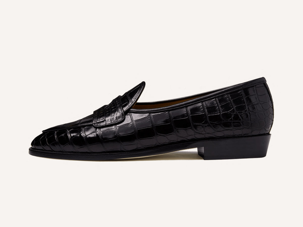 Sagan Ginkgo Precious Leather Loafers in Obsidian Black Crocodile