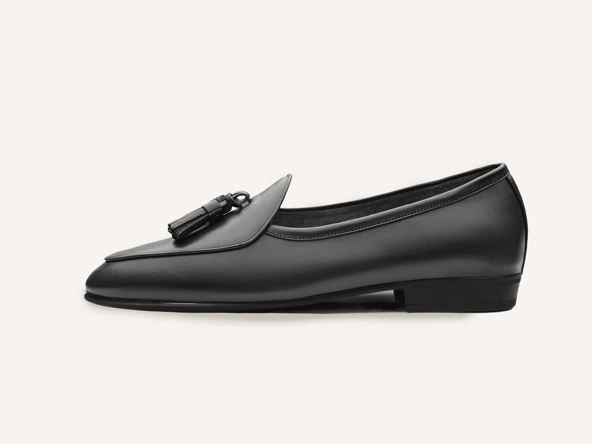Sagan Rubber Tassel Loafers in Black Drape Calf